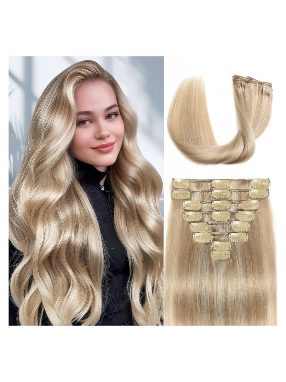 Clip In Hair Extensions 18 Inch Real Human Hair 8 Piece Set for Women